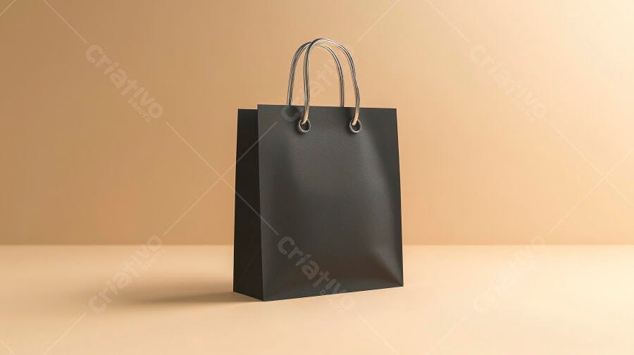 Sacola de compras preta com alças metálicas em fundo bege minimalista