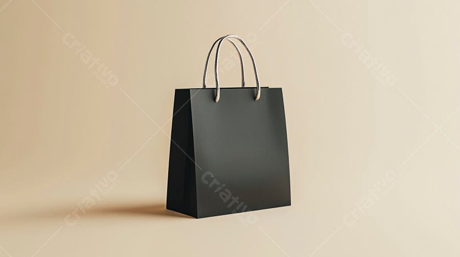 Bolsa de compras preta elegante com alças brancas em fundo bege claro