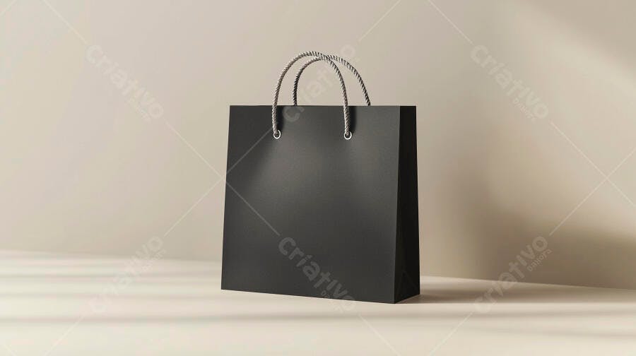 Sacola de compras preta elegante com alças cinzas em fundo minimalista bege
