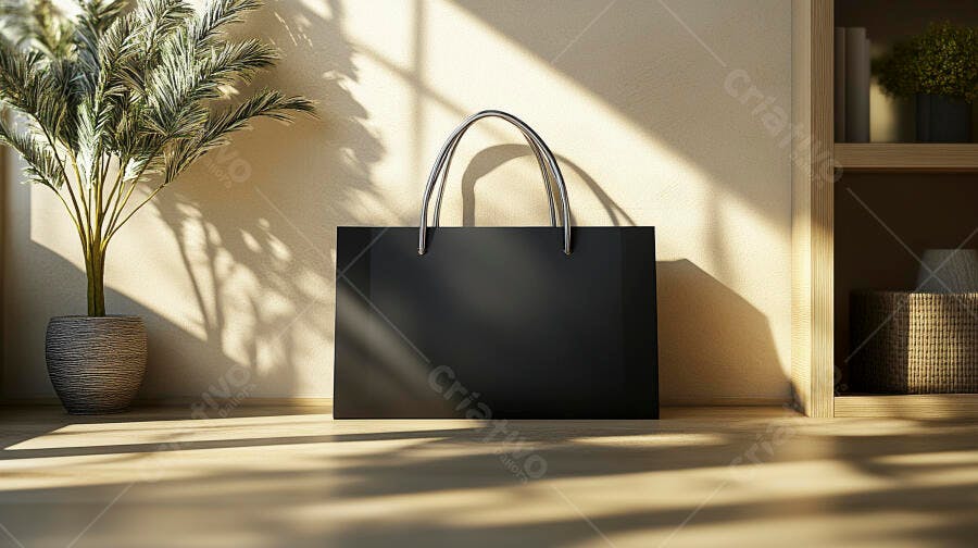 Sacola preta elegante em ambiente minimalista com planta e luz natural