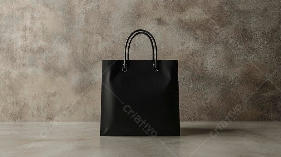 Sacola de compras preta em estúdio minimalista com fundo texturizado cinza