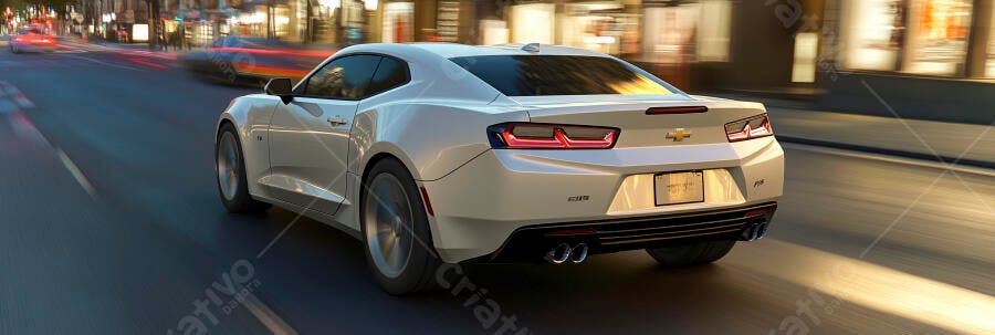 Carro esportivo branco Chevrolet Camaro SS na rua da cidade à noite