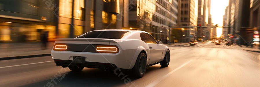 Carro muscle branco em movimento na rua da cidade ao pôr do sol