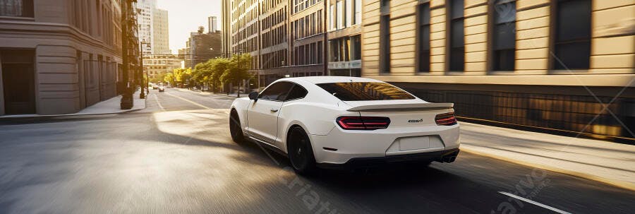 Carro esportivo branco luxuoso em movimento na rua da cidade ao entardecer com sol