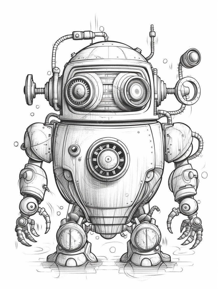 Robô estilo steampunk desenho detalhado com engrenagens e tubos