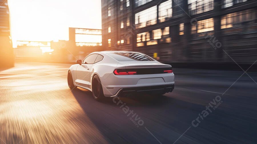 Carro esportivo branco em alta velocidade na cidade ao pôr do sol