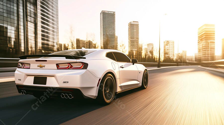 Chevrolet Camaro branco esportivo em alta velocidade na cidade ao pôr do sol