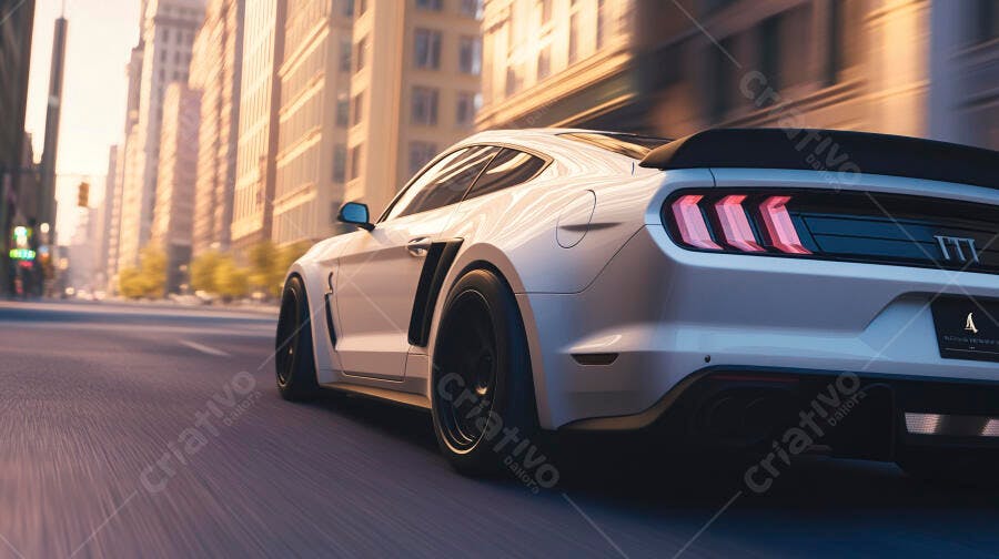 Mustang esportivo branco na rua da cidade ao fim de tarde