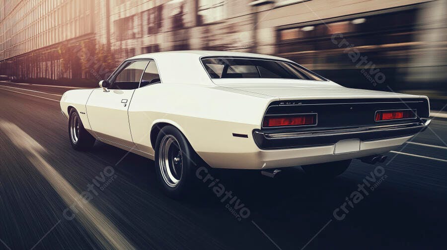 Muscle car clássico branco perolado acelerando em rua urbana ao entardecer