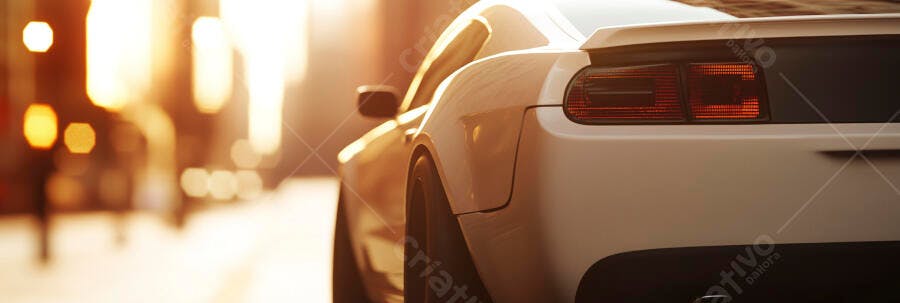 Carro esportivo branco muscle car na rua da cidade ao pôr do sol