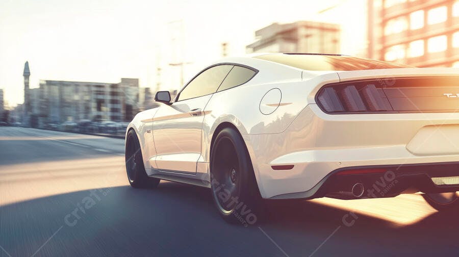 Carro esportivo branco Mustang em alta velocidade na cidade ao pôr do sol