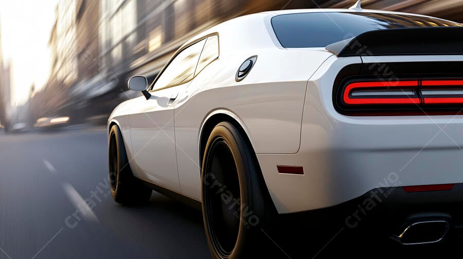 Muscle car branco Dodge Challenger em alta velocidade na rua urbana