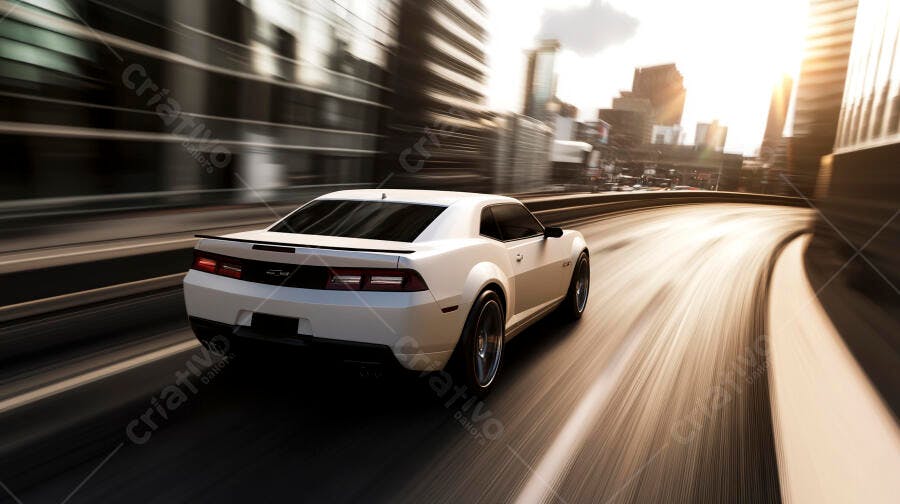 Camaro branco esportivo em alta velocidade na avenida urbana ao entardecer