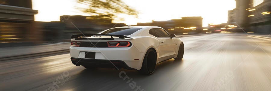 Carro esportivo branco em alta velocidade na cidade ao pôr do sol