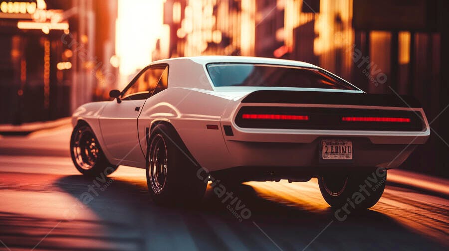 Carro clássico branco musculoso em rua urbana com luzes quentes do pôr do sol