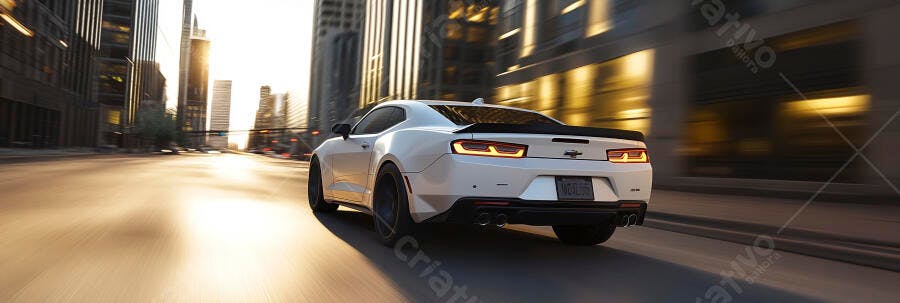 Carro esportivo branco Camaro dirigindo rápido em rua de cidade ao entardecer
