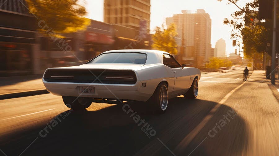 Muscle car clássico branco acelerando na rua urbana ao entardecer