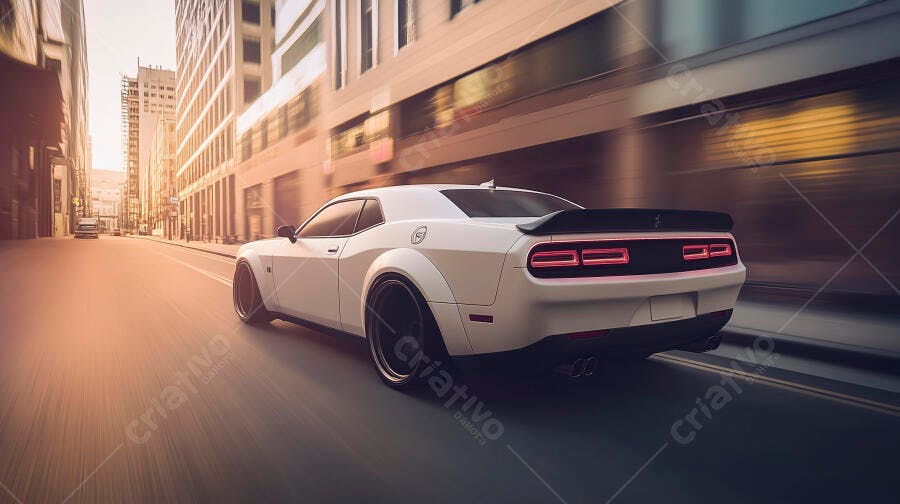 Carro esportivo branco em alta velocidade na cidade ao entardecer