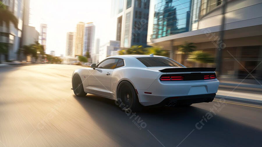 Carro esportivo branco em movimento na cidade moderna ao pôr do sol