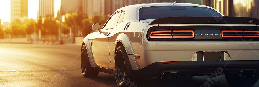 Muscle car branco esportivo na rua ao pôr do sol urbano
