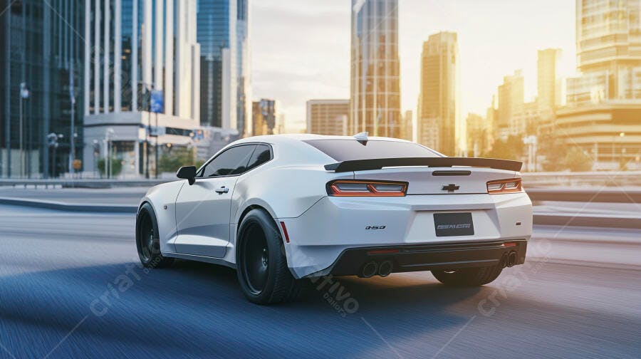 Camaro branco esportivo em rua movimentada de metrópole ao pôr do sol