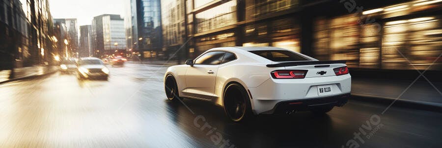 Chevrolet Camaro branco dirigindo em rua urbana molhada ao entardecer