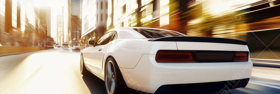 Carro esportivo branco em alta velocidade na cidade ensolarada