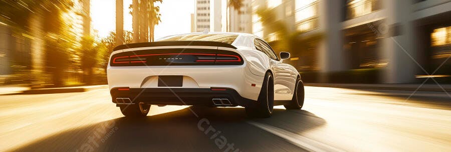 Carro esportivo branco em movimento na cidade ao pôr do sol dourado