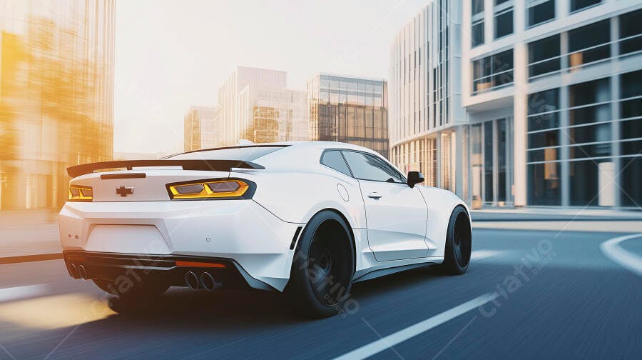 Carro esportivo branco Chevrolet Camaro em alta velocidade na cidade ao amanhecer