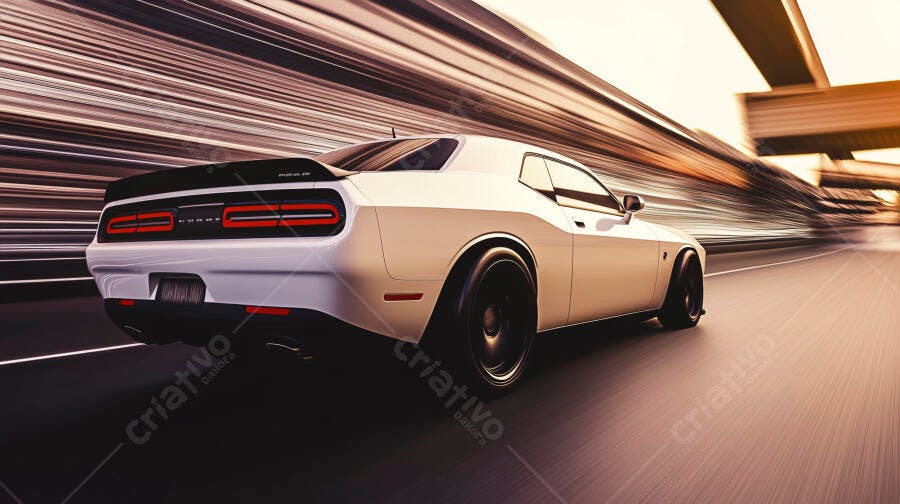 Carro esportivo Dodge Challenger branco em alta velocidade na estrada