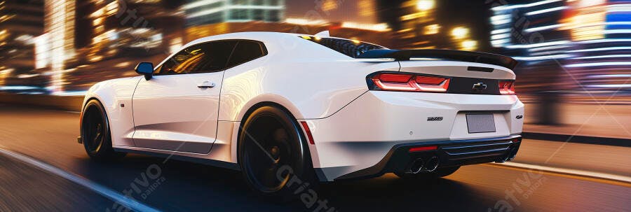 Carro esportivo branco Chevrolet Camaro dirigindo rápido na cidade noturna