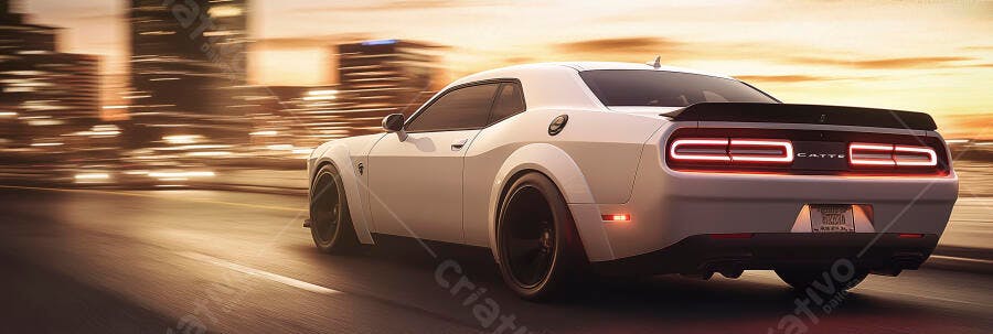 Muscle car branco acelerando em rua urbana com luzes douradas ao entardecer