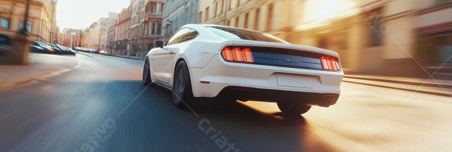 Carro esportivo Mustang branco em alta velocidade na rua da cidade ao entardecer