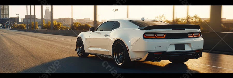 Carro esportivo branco Camaro dirigindo em estrada urbana ao por do sol