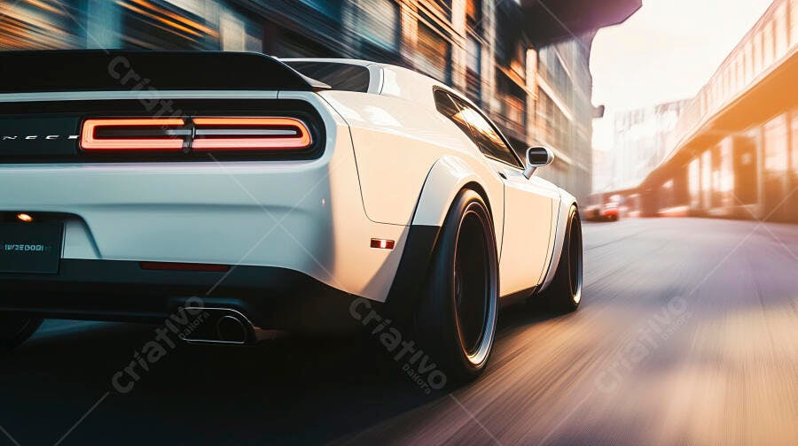 Carro esportivo branco Dodge Challenger em alta velocidade na cidade ao pôr do sol