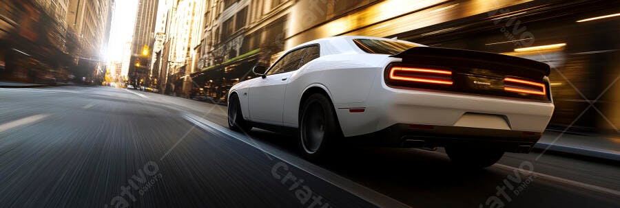 Carro esportivo branco em alta velocidade na cidade com luz dourada