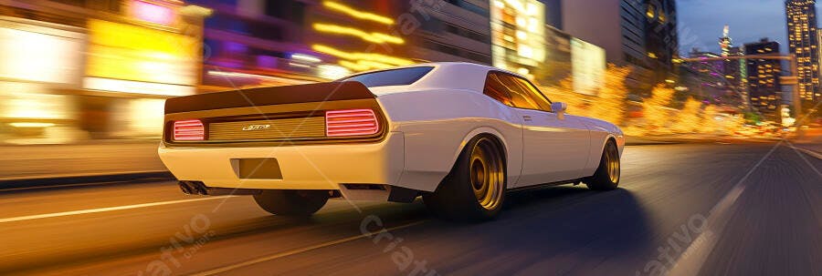 Carro muscle branco em alta velocidade na cidade à noite com luzes vibrantes