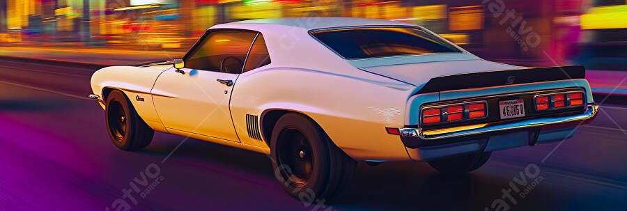 Camaro clássico branco em alta velocidade na cidade à noite