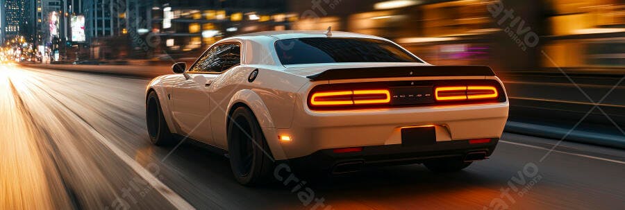 Carro esportivo branco em alta velocidade na cidade à noite