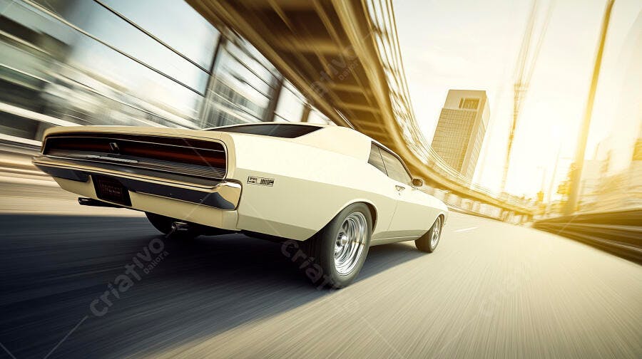 Carro muscle vintage off-white em alta velocidade na cidade ensolarada