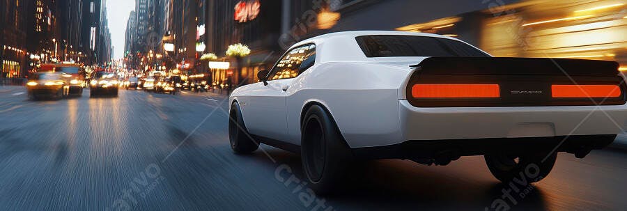 Carro esportivo branco vintage em alta velocidade na cidade noturna
