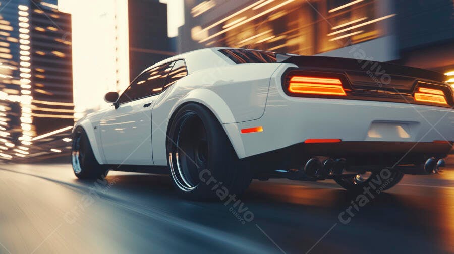 Carro esportivo branco em alta velocidade na rua da cidade à noite