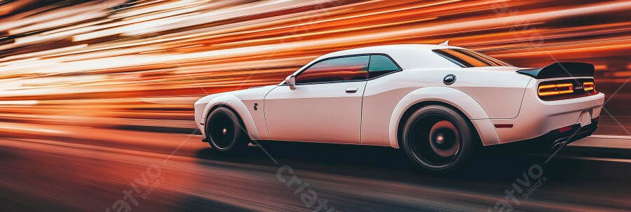 Muscle car branco em alta velocidade com rastro de luzes vibrantes