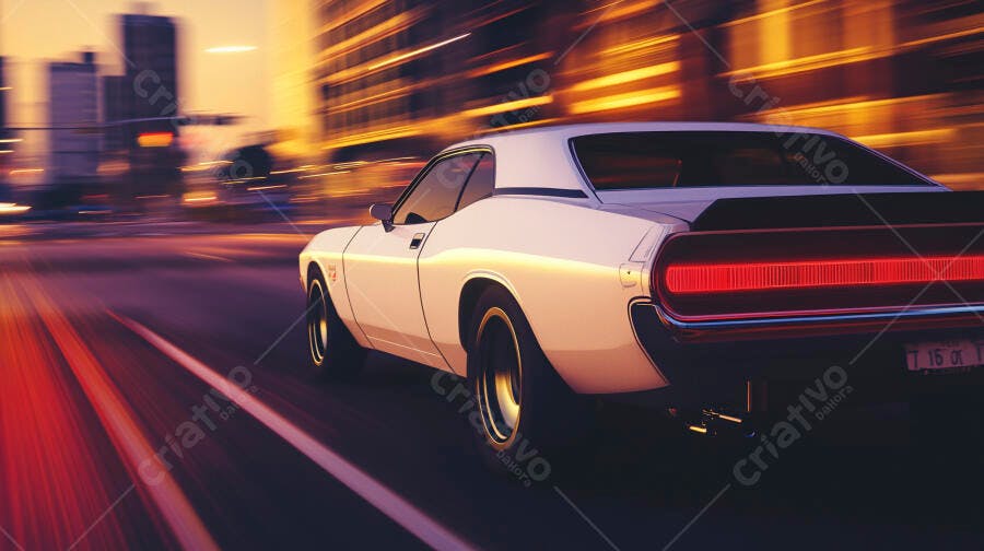 Carro esportivo clássico branco em alta velocidade na cidade ao anoitecer