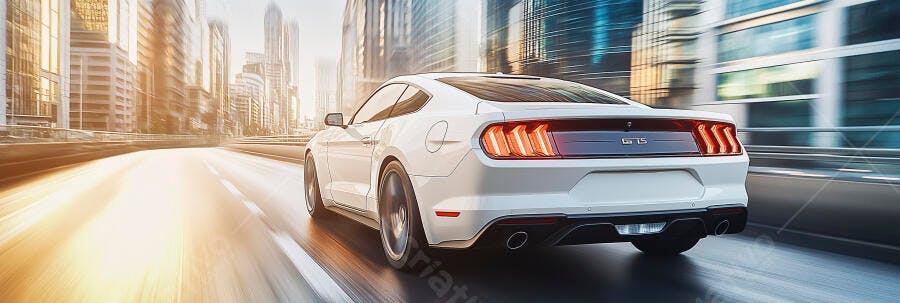 Carro esportivo branco Ford Mustang GT S dirigindo rápido na cidade