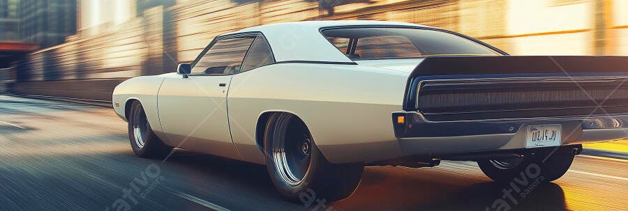 Muscle car clássico creme em alta velocidade na estrada urbana
