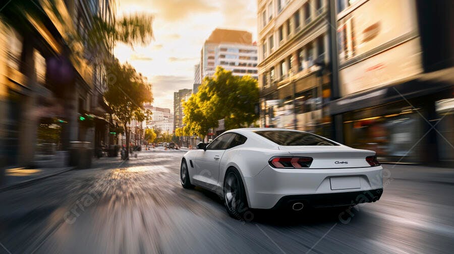 Carro esportivo branco em alta velocidade na rua da cidade ao pôr do sol