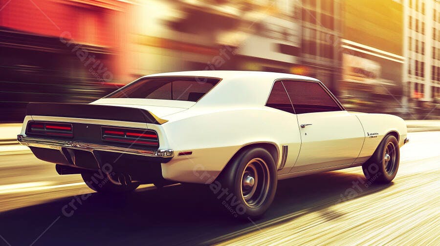 Camaro clássico branco em alta velocidade na cidade ao entardecer