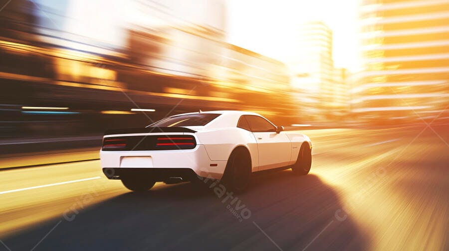 Carro esportivo branco em alta velocidade na cidade ao pôr do sol