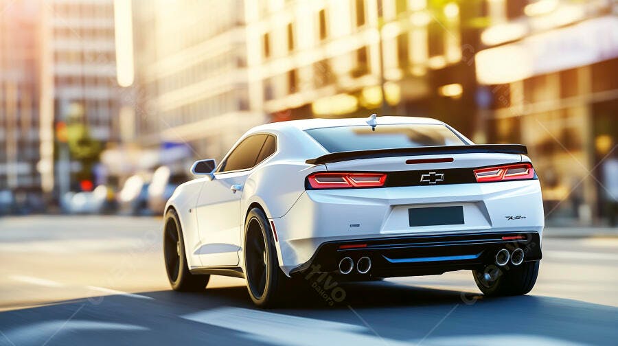 Carro esportivo branco Chevrolet Camaro na rua da cidade com luz dourada
